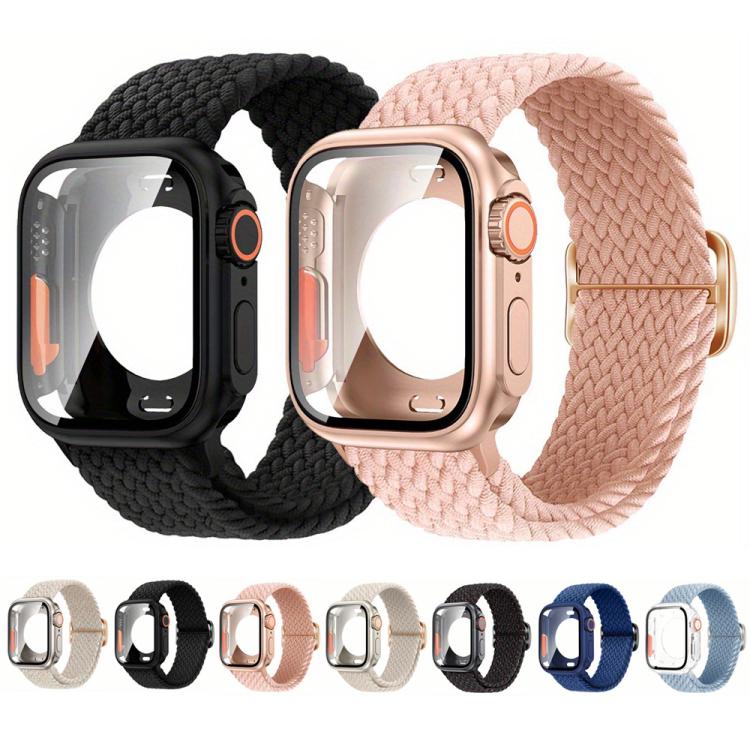 For Apple Watch Series 45mm Ladder Buckle Loop Nylon Watch Band with Change to Ultra 49mm Film PC Cover(Pink) - Mega Discount Store LebanonLebanon