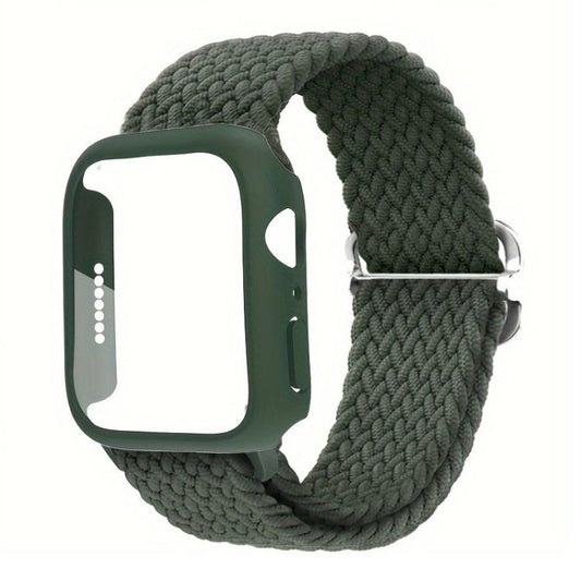 For Apple Watch Series 45mm Ladder Buckle Loop Nylon Watch Band with Film Frosted PC Cover(Army Green) - Mega Discount Store LebanonLebanon