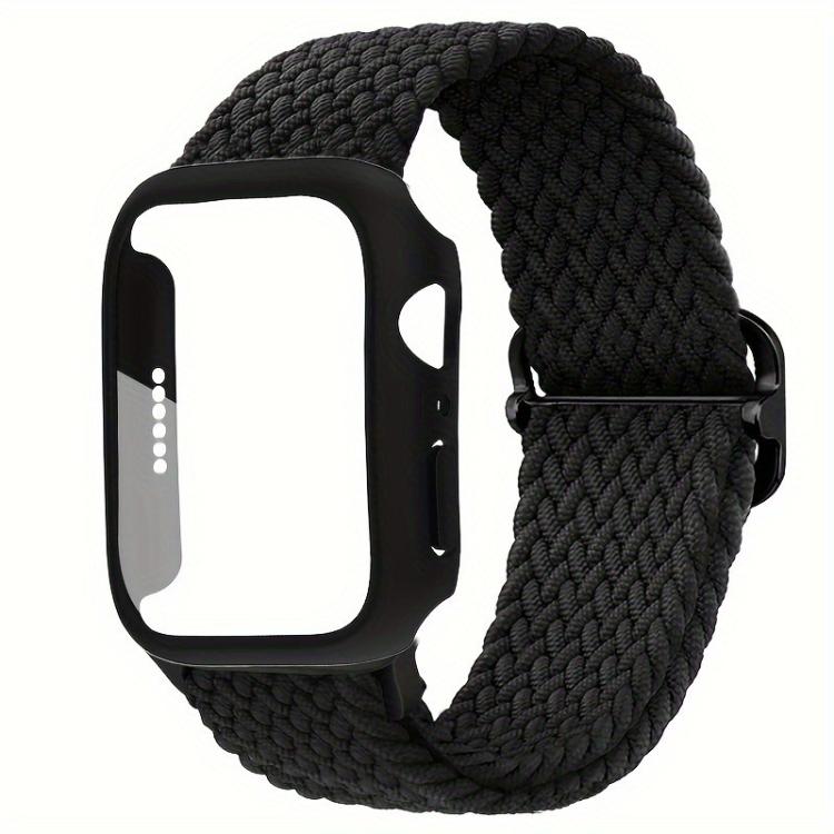 For Apple Watch Series 45mm Ladder Buckle Loop Nylon Watch Band with Film Frosted PC Cover(Black) - Mega Discount Store LebanonLebanon