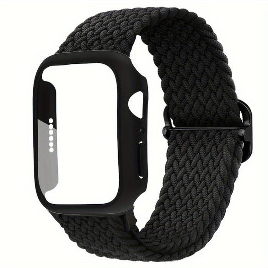 For Apple Watch Series 45mm Ladder Buckle Loop Nylon Watch Band with Film Frosted PC Cover(Black) - Mega Discount Store LebanonLebanon