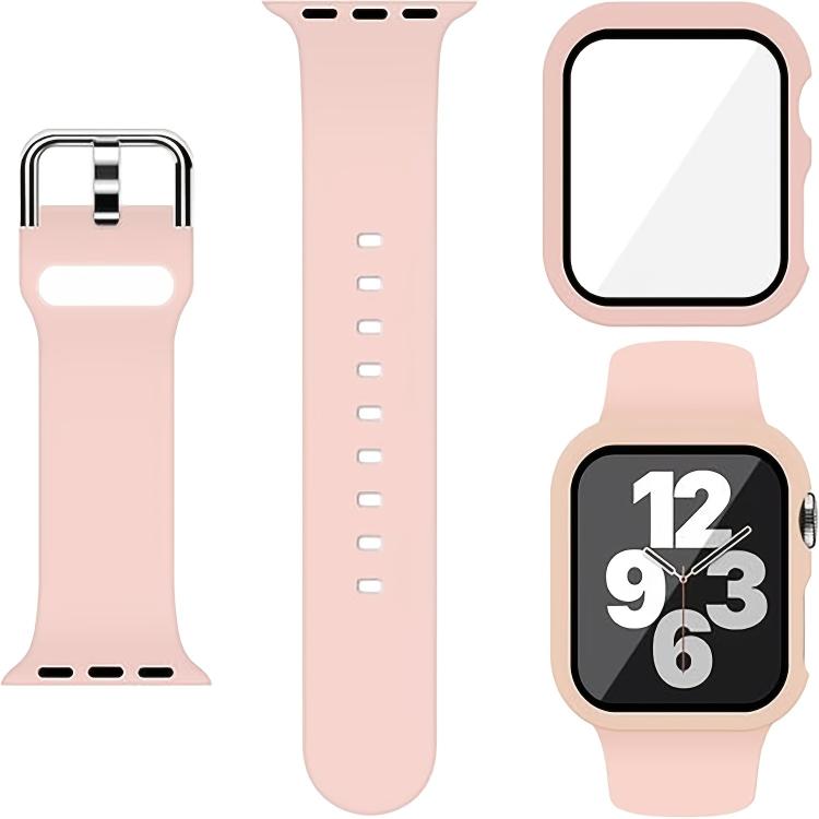 For Apple Watch Series 45mm Pin Buckle Silicone Watch Band with Film Integrated PC Case(Pink) - Mega Discount Store LebanonLebanon