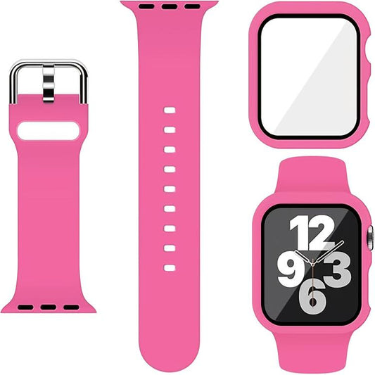 For Apple Watch Series 45mm Pin Buckle Silicone Watch Band with Film Integrated PC Case(Rose Red) - Mega Discount Store LebanonLebanon