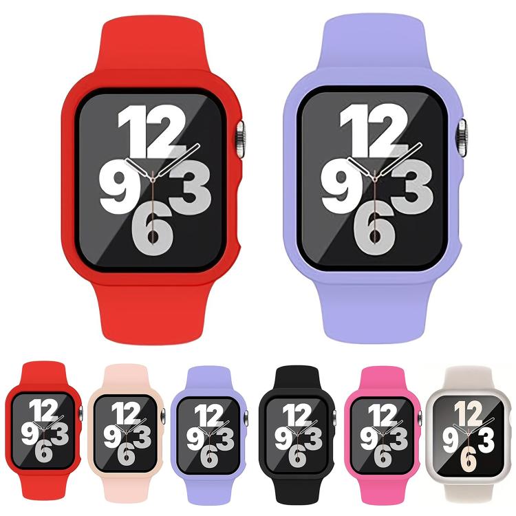 For Apple Watch Series 45mm Pin Buckle Silicone Watch Band with Film Integrated PC Case(Rose Red) - Mega Discount Store LebanonLebanon
