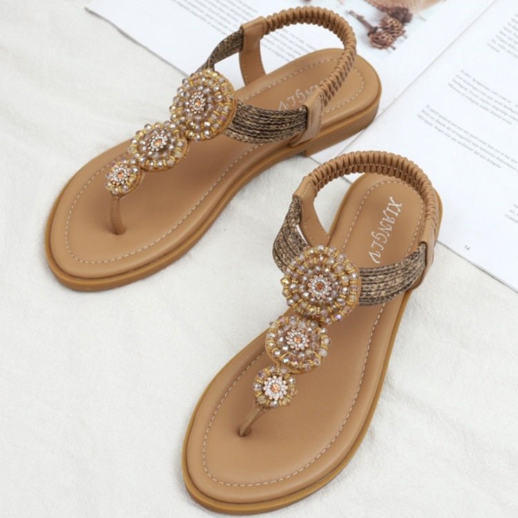 Ladies Summer Bohemian Roman Sandals Seaside Flat Beach Shoes, Size: 41(Apricot) - Mega Discount Store LebanonLebanon