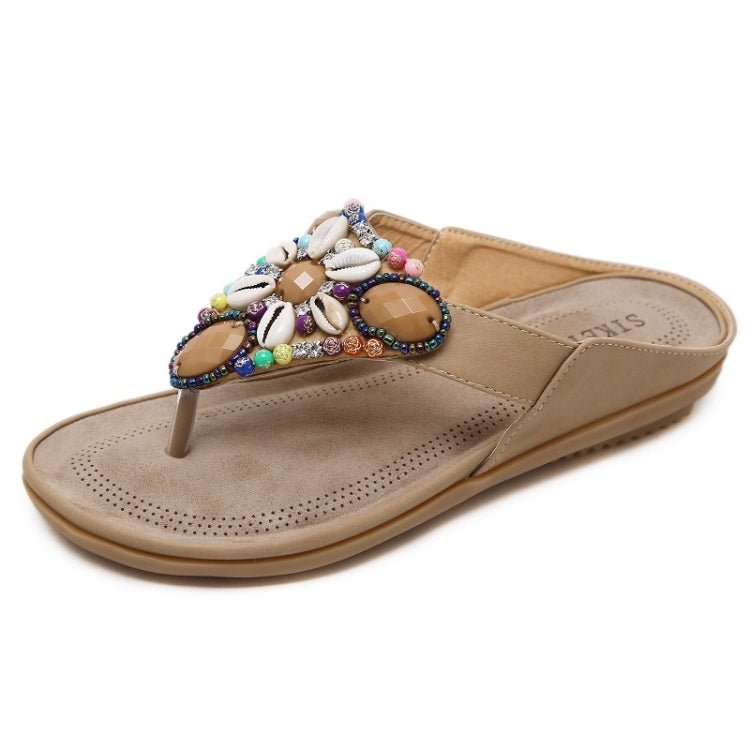 Ladies Summer Bohemian Sandals Seaside Retro Beaded Shell Slippers, Size: 36(Apricot) - Mega Discount Store LebanonLebanon