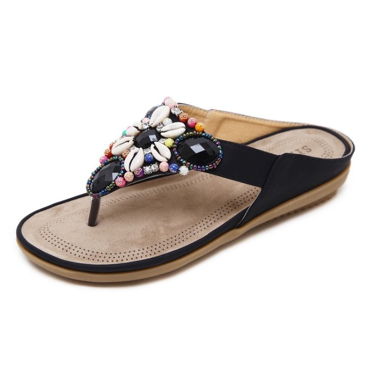 Ladies Summer Bohemian Sandals Seaside Retro Beaded Shell Slippers, Size: 36(Black) - Mega Discount Store LebanonLebanon
