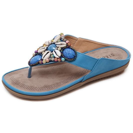 Ladies Summer Bohemian Sandals Seaside Retro Beaded Shell Slippers, Size: 38(Blue) - Mega Discount Store LebanonLebanon