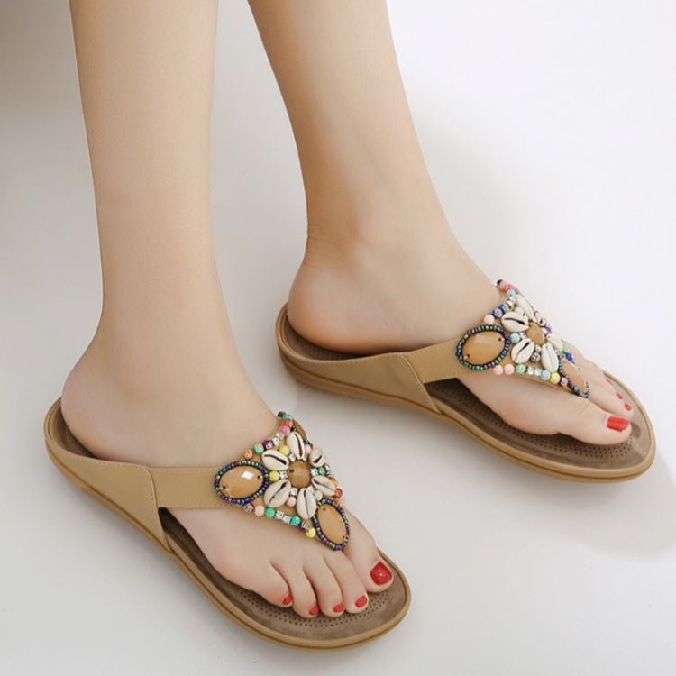 Ladies Summer Bohemian Sandals Seaside Retro Beaded Shell Slippers, Size: 41(Apricot) - Mega Discount Store LebanonLebanon