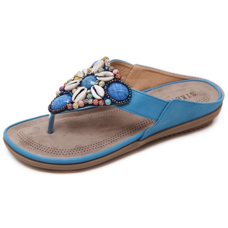 Ladies Summer Bohemian Sandals Seaside Retro Beaded Shell Slippers, Size: 41(Blue) - Mega Discount Store LebanonLebanon