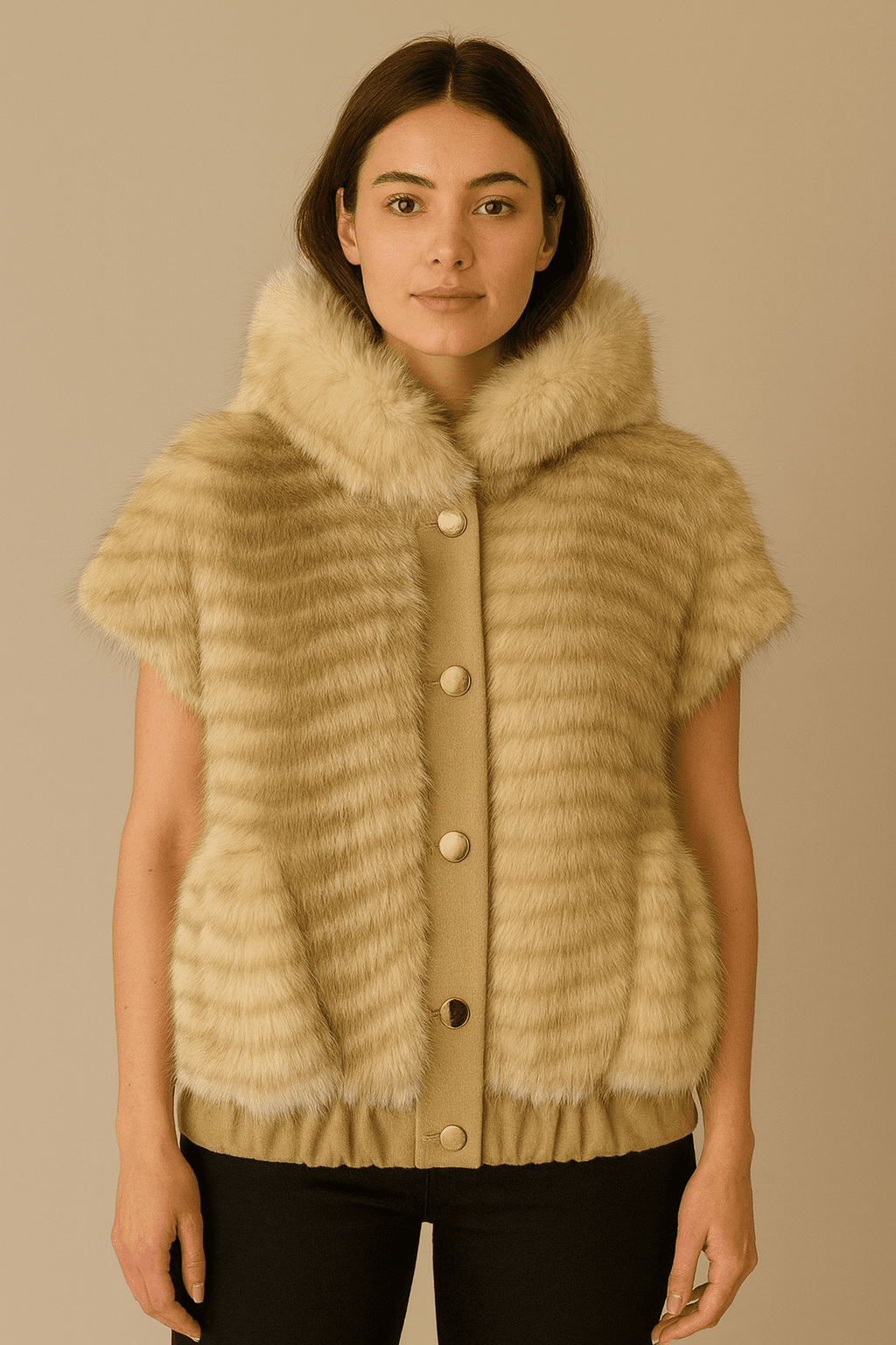 “Luxurious sleeveless faux - fur vest featuring soft white striped fur, a plush collar, and elegant gold - tone buttons. Warm, stylish, and perfect for elevating any winter outfit.” - Mega Discount Store LebanonLebanon