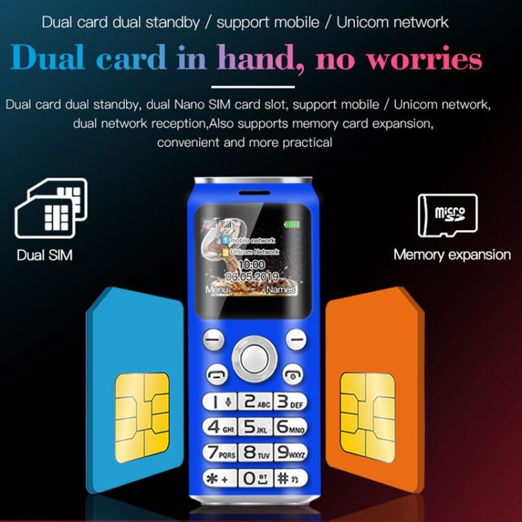 Satrend K8 Mini Mobile Phone, 1.0 inch, Hands Free Bluetooth Dialer Headphone, MP3 Music, Dual SIM, Network: 2G(Blue) - Mega Discount Store LebanonLebanon