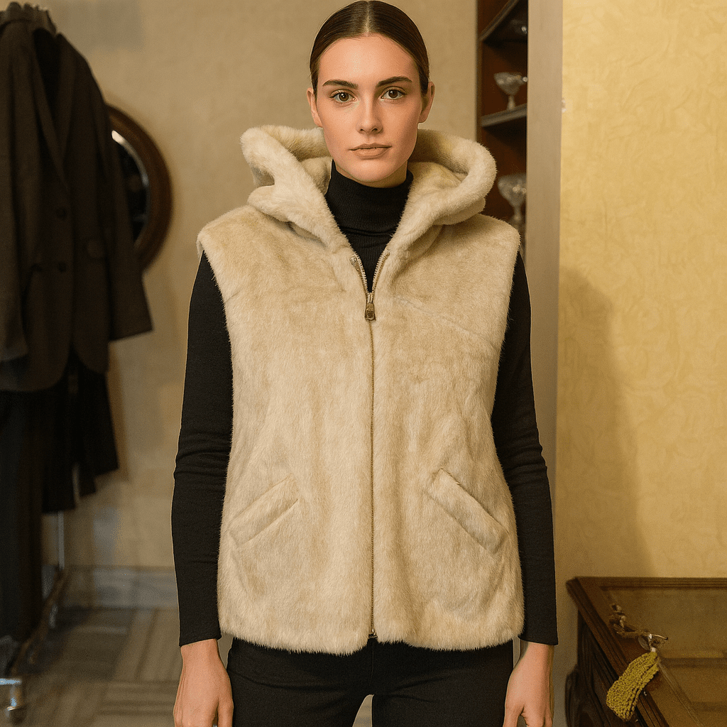 “Soft faux - fur sleeveless vest with a warm hood and front pockets. Designed for comfort and style, this cozy beige piece is perfect for layering on cold days.” - Mega Discount Store LebanonLebanon