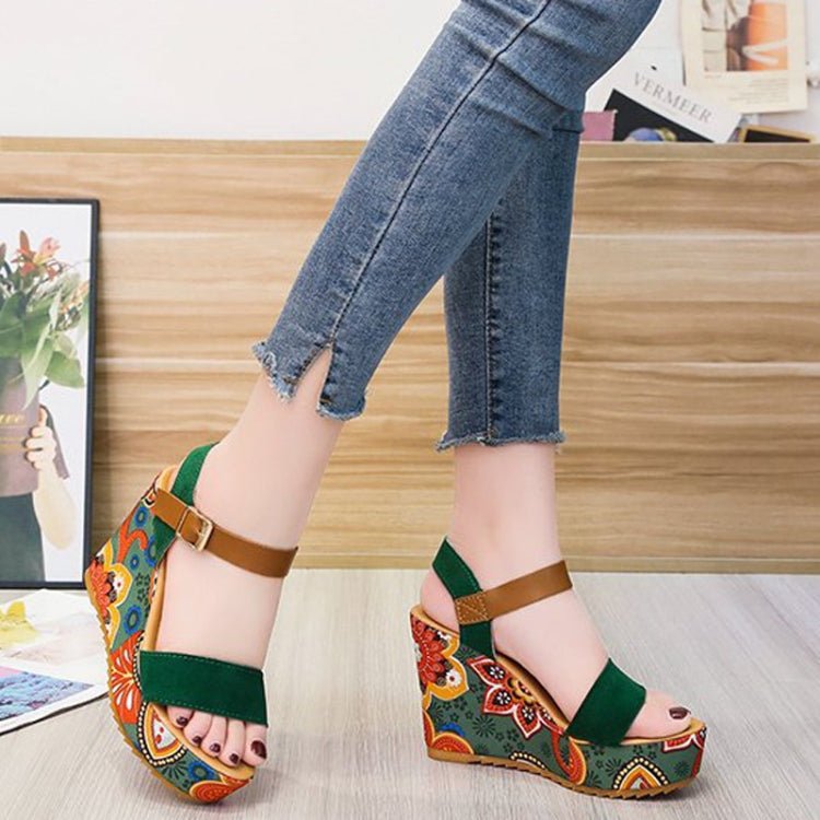 Summer Floral Fabric Slope Heel Women Sandals Comfortable Casual High Heels, Size: 38(Green) - Mega Discount Store LebanonLebanon