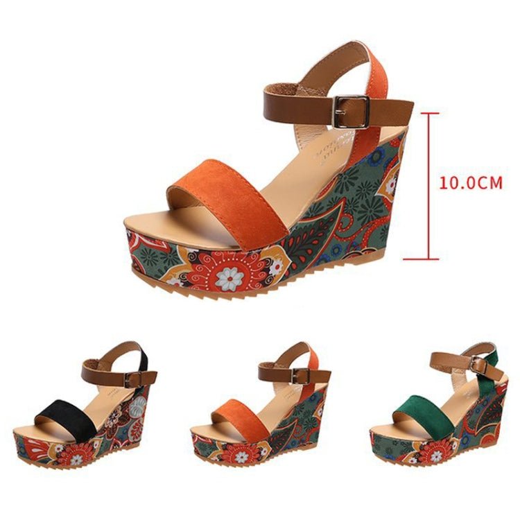 Summer Floral Fabric Slope Heel Women Sandals Comfortable Casual High Heels, Size: 39(Black) - Mega Discount Store LebanonLebanon