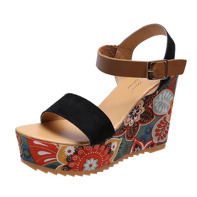 Summer Floral Fabric Slope Heel Women Sandals Comfortable Casual High Heels, Size: 40(Black) - Mega Discount Store LebanonLebanon