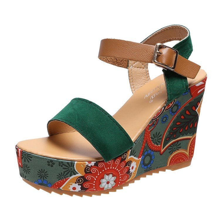 Summer Floral Fabric Slope Heel Women Sandals Comfortable Casual High Heels, Size: 40(Green) - Mega Discount Store LebanonLebanon