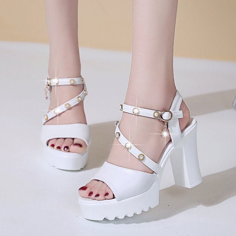Summer Women High Heeled Sandals Thick Bottom Waterproof Platform Buckle Strap Lady Shoes, Size: 35(White) - Mega Discount Store LebanonLebanon
