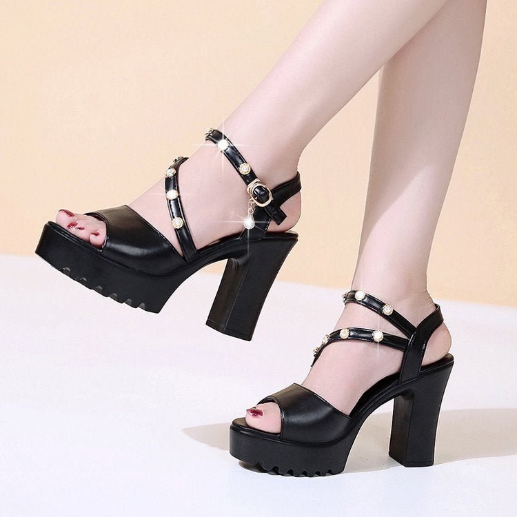 Summer Women High Heeled Sandals Thick Bottom Waterproof Platform Buckle Strap Lady Shoes, Size: 40(Black) - Mega Discount Store LebanonLebanon