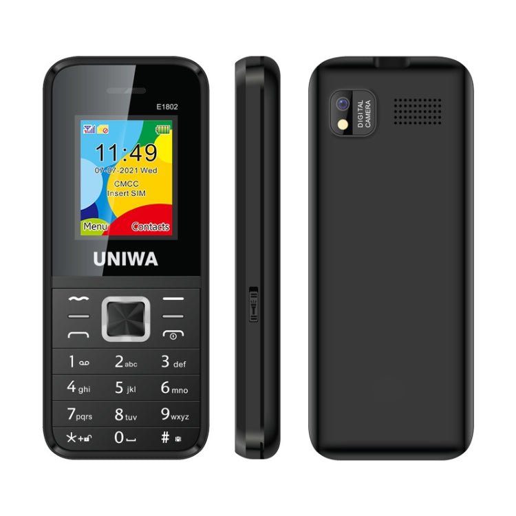 UNIWA E1802 Mobile Phone, 1.77 inch, 1800mAh Battery, SC6531DA, 21 Keys, Support Bluetooth, FM, MP3, MP4, GSM, Dual SIM(Black) - Mega Discount Store LebanonLebanon