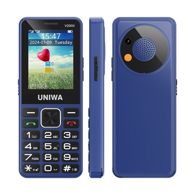 UNIWA V2000 Elder Keypad Phone, 2.4 inch Unisoc T107, 1700mAh Battery, LED Flashlight, SOS, Network: 4G, EU Plug (Blue) - Mega Discount Store LebanonLebanon