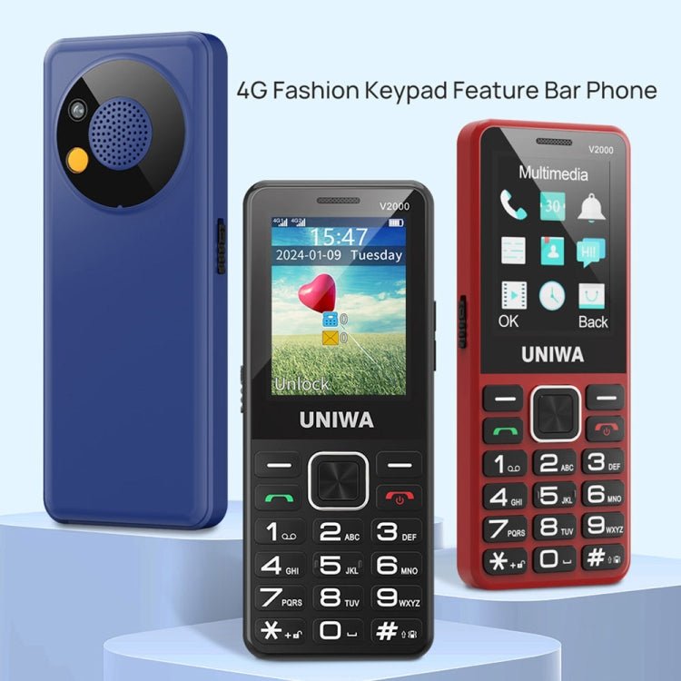 UNIWA V2000 Elder Keypad Phone, 2.4 inch Unisoc T107, 1700mAh Battery, LED Flashlight, SOS, Network: 4G, EU Plug (Blue) - Mega Discount Store LebanonLebanon