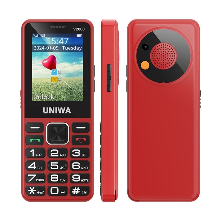 UNIWA V2000 Elder Keypad Phone, 2.4 inch Unisoc T107, 1700mAh Battery, LED Flashlight, SOS, Network: 4G, EU Plug (Red) - Mega Discount Store LebanonLebanon