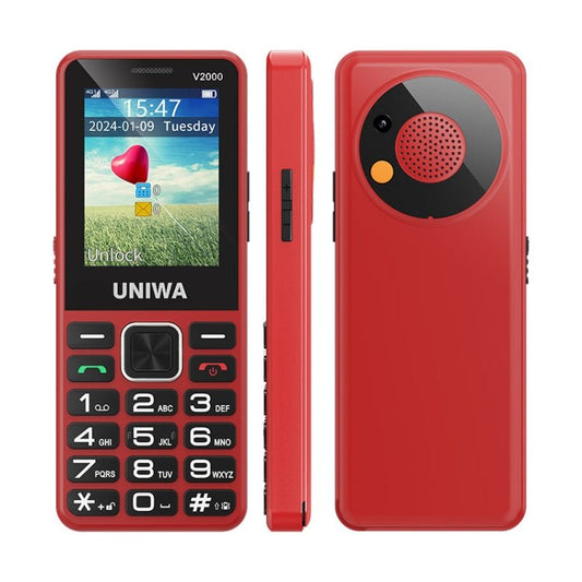 UNIWA V2000 Elder Keypad Phone, 2.4 inch Unisoc T107, 1700mAh Battery, LED Flashlight, SOS, Network: 4G, EU Plug (Red) - Mega Discount Store LebanonLebanon