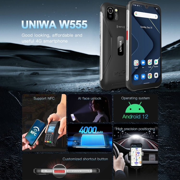 UNIWA W555 Rugged Phone, 3GB+32GB, Dual Rear Cameras, IP68 Waterproof Dustproof Shockproof, 5.71 inch Android 12.0 MTK6761 Quad Core up to 2.0GHz, Network: 4G, NFC, OTG, Global Version (Black) - Mega Discount Store LebanonLebanon