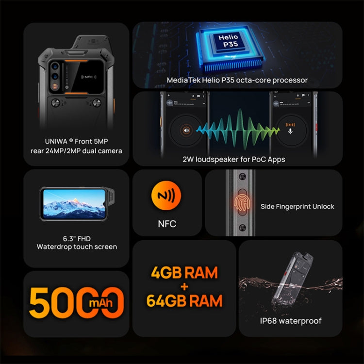 UNIWA W888 Explosion - proof Rugged Phone, 4GB+64GB, IP68 Waterproof Dustproof Shockproof, 5000mAh Battery, 6.3 inch Android 11 MTK6765 Helio P35 Octa Core up to 2.35GHz, Network: 4G, NFC, OTG(Black) - Mega Discount Store LebanonLebanon