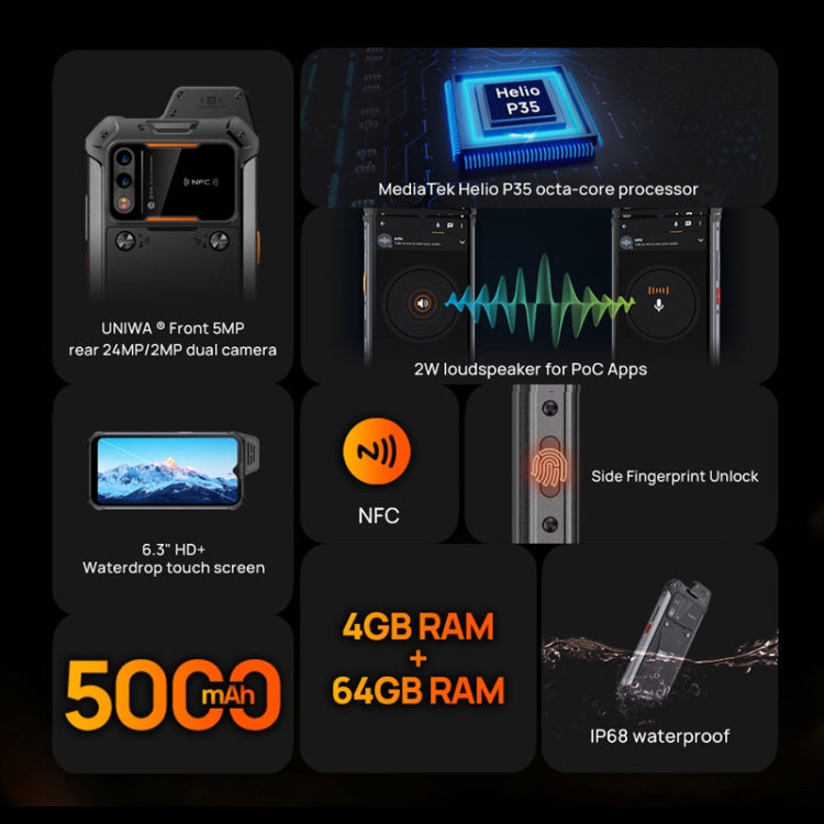 UNIWA W888 HD+ Rugged Phone, 4GB+64GB, 6.3 inch Android 11 Mediatek MT6765 Helio P35 Octa Core up to 2.3GHz, NFC, OTG, Network: 4G(Black Orange) - Mega Discount Store LebanonLebanon