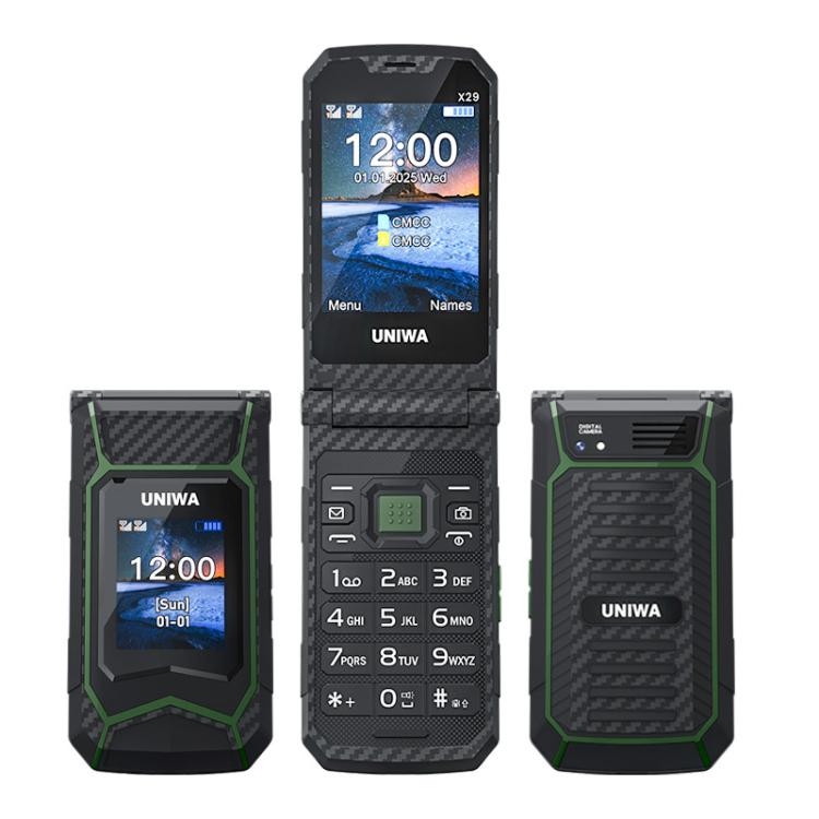 UNIWA X29 Keypad Flip Rugged Phone, 2.8 inch + 1.77 inch Double Screen, MT6261D, Network: 2G, Plug:EU Plug(Black Green) - Mega Discount Store LebanonLebanon