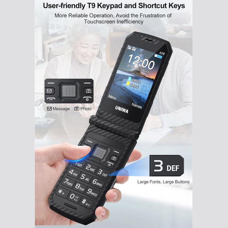 UNIWA X29 Keypad Flip Rugged Phone, 2.8 inch + 1.77 inch Double Screen, MT6261D, Network: 2G, Plug:EU Plug(Black Grey) - Mega Discount Store LebanonLebanon