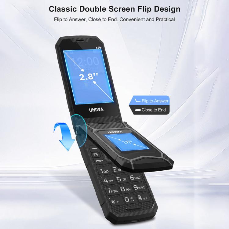 UNIWA X29 Keypad Flip Rugged Phone, 2.8 inch + 1.77 inch Double Screen, MT6261D, Network: 2G, Plug:US Plug(Black Green) - Mega Discount Store LebanonLebanon