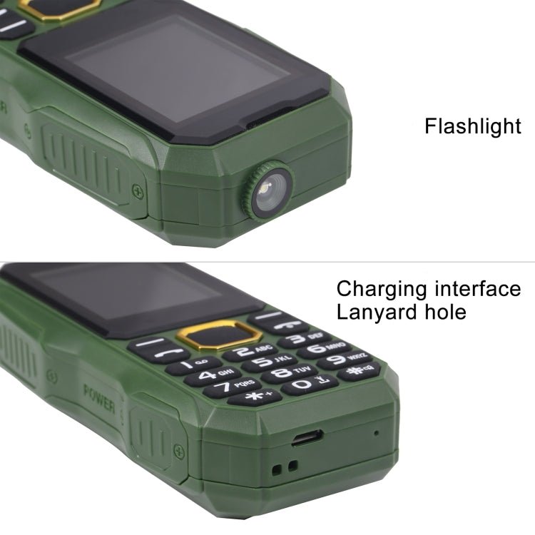 W2025 Triple Proofing Elder Phone, Waterproof Shockproof Dustproof, 5800mAh Battery, 1.8 inch, 21 Keys, LED Flashlight, Dual SIM(Green) - Mega Discount Store LebanonLebanon