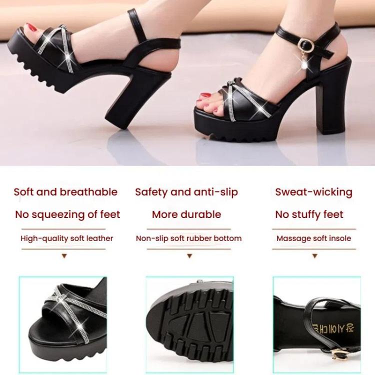Women Block Chunky High - heeled Sandals Rhinestone Platform Open Toe Comfortable Shoes, Size: 35(Black) - Mega Discount Store LebanonLebanon