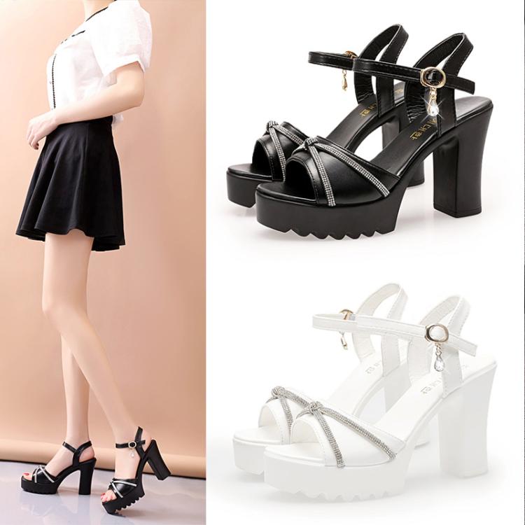 Women Block Chunky High - heeled Sandals Rhinestone Platform Open Toe Comfortable Shoes, Size: 38(Black) - Mega Discount Store LebanonLebanon