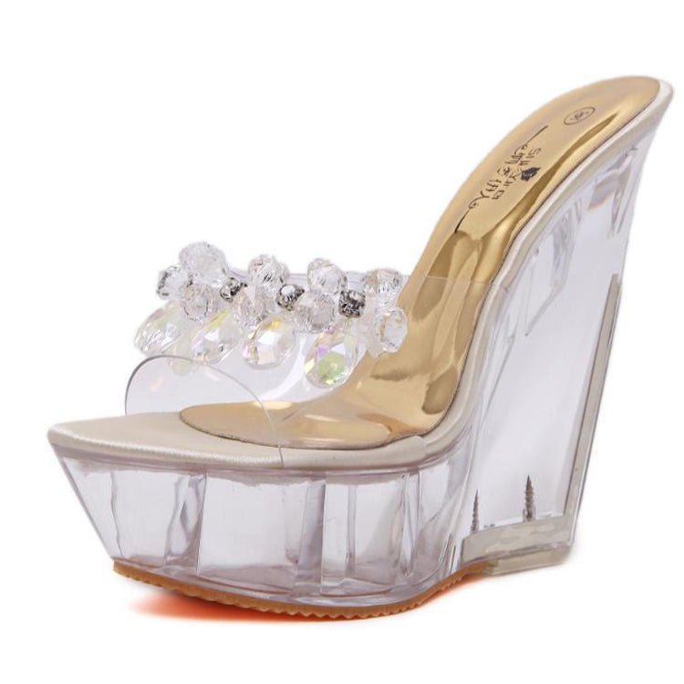 Women Diamond 14cm High - heeled Slippers Crystal Waterproof Non Slip Bottom Thick Sandals, Shoe Size:36(Apricot) - Mega Discount Store LebanonLebanon