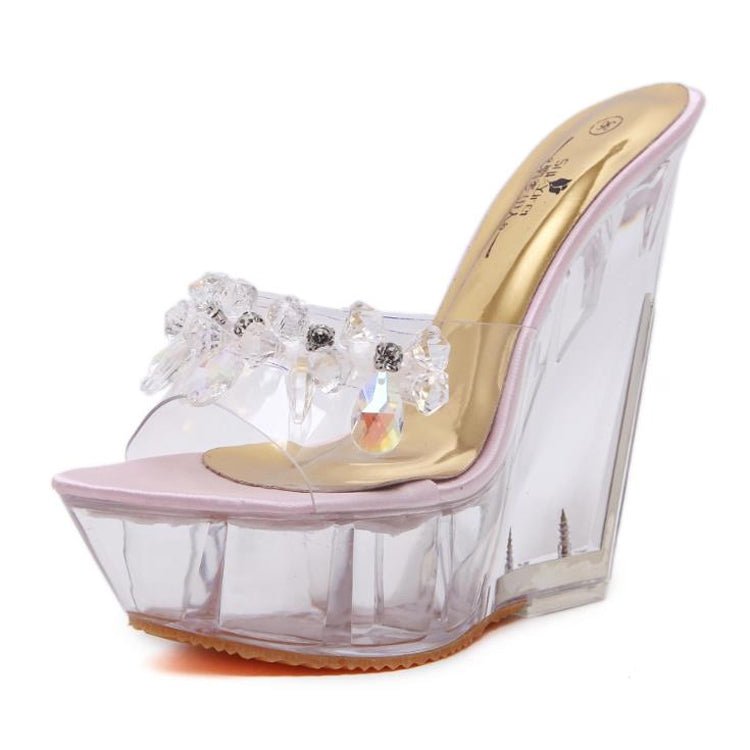 Women Diamond 14cm High - heeled Slippers Crystal Waterproof Non Slip Bottom Thick Sandals, Shoe Size:37(Pink) - Mega Discount Store LebanonLebanon