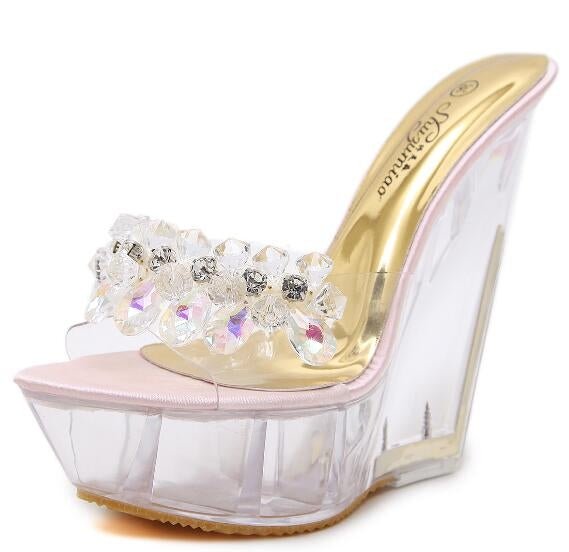 Women Diamond 14cm High - heeled Slippers Crystal Waterproof Non Slip Bottom Thick Sandals, Shoe Size:40(Pink) - Mega Discount Store LebanonLebanon