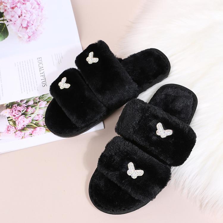 Women Flat Sole Plush Slippers with Butterfly Rhinestone Decor Soft Indoor/Outdoor House Shoes, Size: 36 - 37(Black) - Mega Discount Store LebanonLebanon