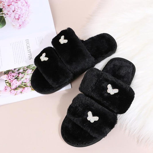 Women Flat Sole Plush Slippers with Butterfly Rhinestone Decor Soft Indoor/Outdoor House Shoes, Size: 36 - 37(Black) - Mega Discount Store LebanonLebanon