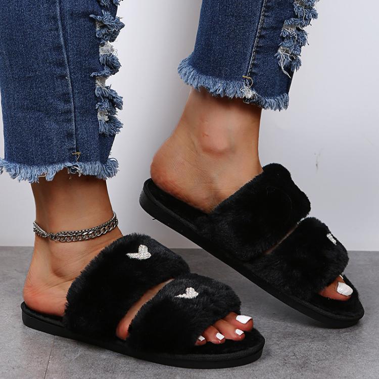 Women Flat Sole Plush Slippers with Butterfly Rhinestone Decor Soft Indoor/Outdoor House Shoes, Size: 36 - 37(Black) - Mega Discount Store LebanonLebanon
