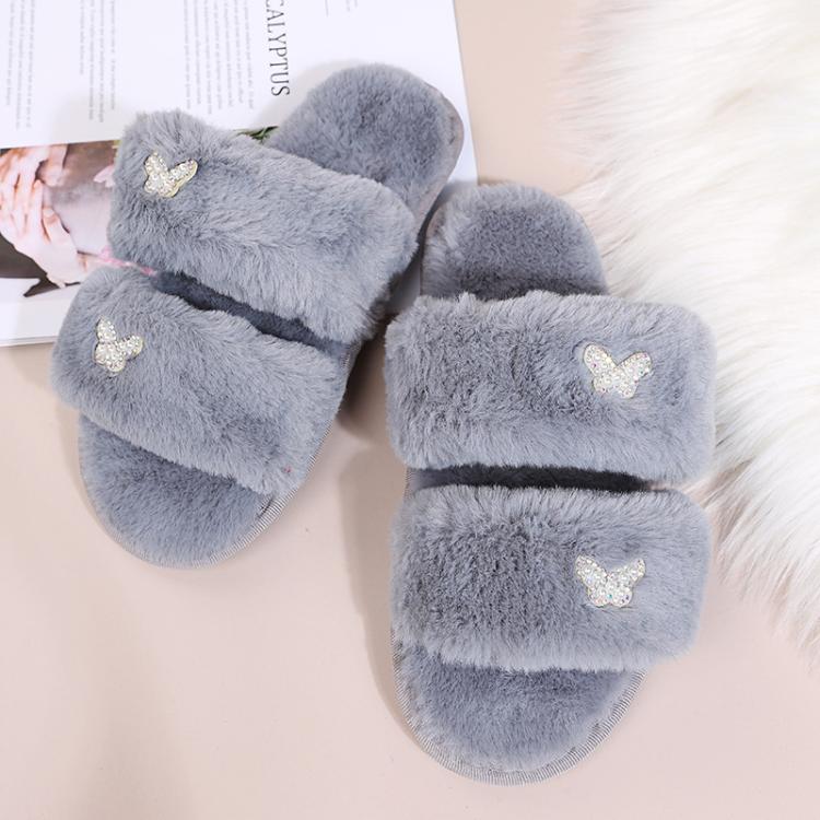 Women Flat Sole Plush Slippers with Butterfly Rhinestone Decor Soft Indoor/Outdoor House Shoes, Size: 36 - 37(Gray) - Mega Discount Store LebanonLebanon