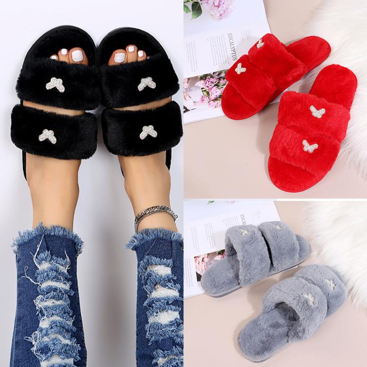 Women Flat Sole Plush Slippers with Butterfly Rhinestone Decor Soft Indoor/Outdoor House Shoes, Size: 36 - 37(Gray) - Mega Discount Store LebanonLebanon