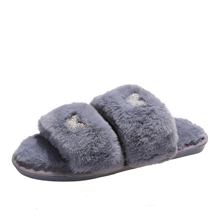 Women Flat Sole Plush Slippers with Butterfly Rhinestone Decor Soft Indoor/Outdoor House Shoes, Size: 36 - 37(Gray) - Mega Discount Store LebanonLebanon