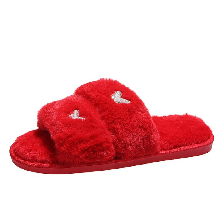 Women Flat Sole Plush Slippers with Butterfly Rhinestone Decor Soft Indoor/Outdoor House Shoes, Size: 36 - 37(Red) - Mega Discount Store LebanonLebanon