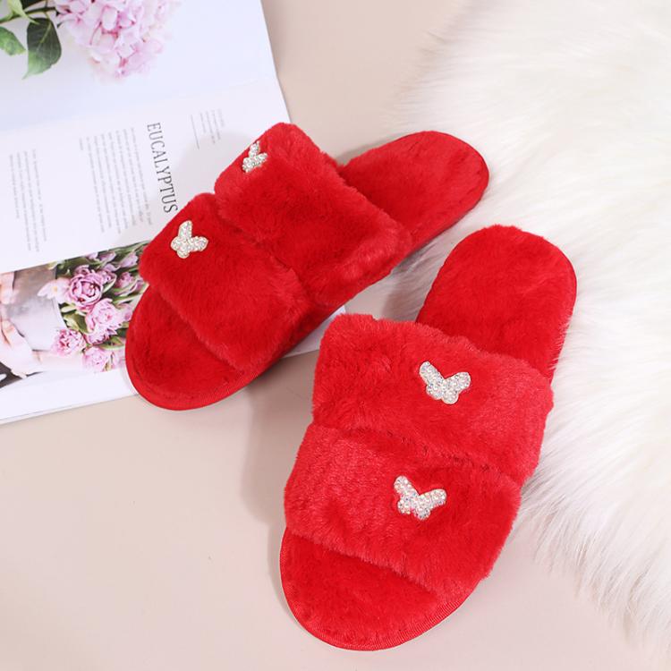 Women Flat Sole Plush Slippers with Butterfly Rhinestone Decor Soft Indoor/Outdoor House Shoes, Size: 36 - 37(Red) - Mega Discount Store LebanonLebanon