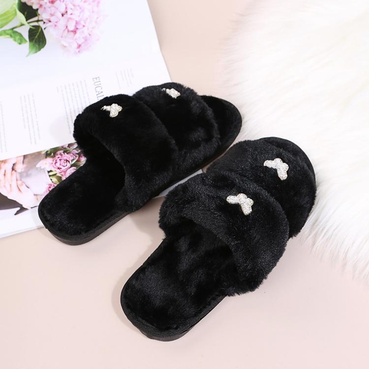 Women Flat Sole Plush Slippers with Butterfly Rhinestone Decor Soft Indoor/Outdoor House Shoes, Size: 38 - 39(Black) - Mega Discount Store LebanonLebanon
