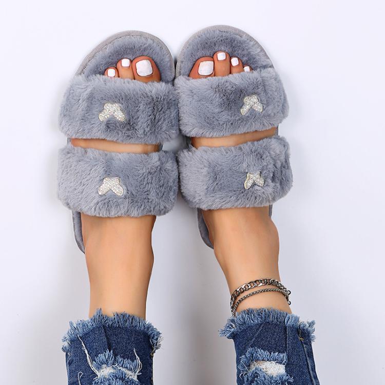 Women Flat Sole Plush Slippers with Butterfly Rhinestone Decor Soft Indoor/Outdoor House Shoes, Size: 38 - 39(Gray) - Mega Discount Store LebanonLebanon