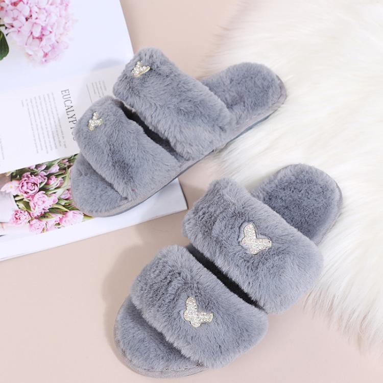 Women Flat Sole Plush Slippers with Butterfly Rhinestone Decor Soft Indoor/Outdoor House Shoes, Size: 38 - 39(Gray) - Mega Discount Store LebanonLebanon